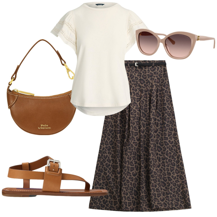 Outfit donna - Total look #2227415. Stile Glamour per Tutti i giorni. Abbinamento con pantaloni, borse a tracolla, sandali in pelle, occhiali da sole, t-shirt.