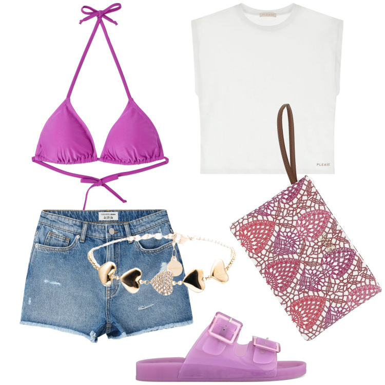 Outfit donna - Total look #2227416. Stile Casual per Mare. Abbinamento con shorts, bikini, t-shirt, braccialetti, sandali, pochette.