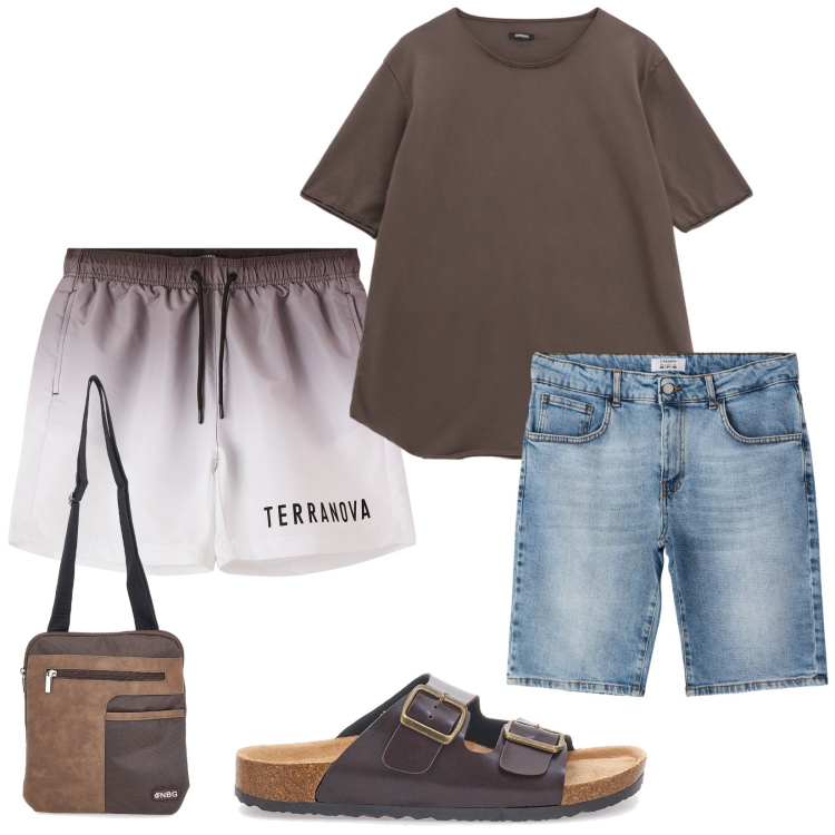 Outfit uomo - Total look #2227424. Stile Casual per Mare. Abbinamento con bermuda, costumi, t-shirt, sandali, borse sportive.