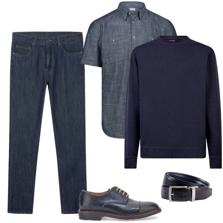 Outfit uomo - Total look #2227429. Stile Casual per Serata speciale. Abbinamento con maglieria, scarpe stringate, camicie a manica corta, cinture, jeans.