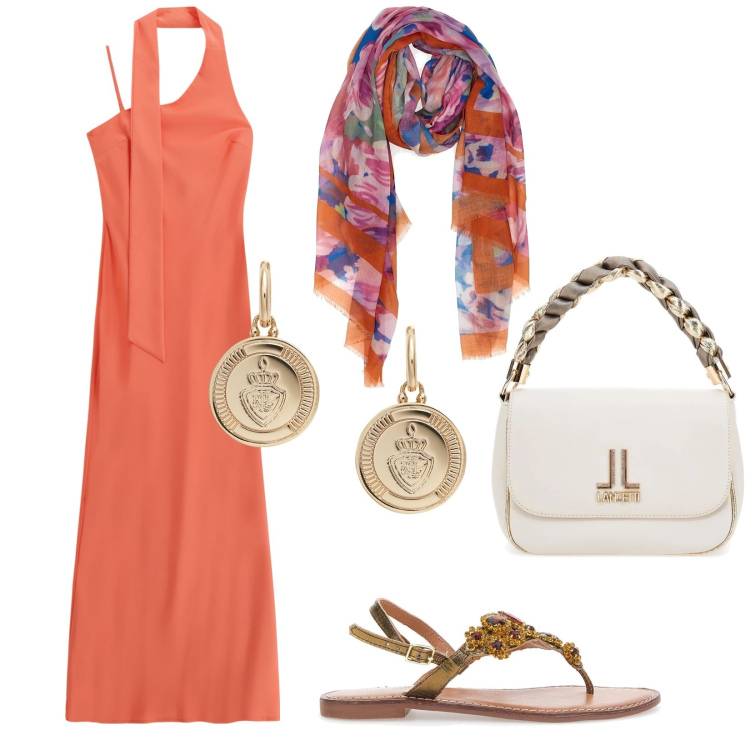 Outfit donna - Il mare, il tramonto e una cena. Stile Casual chic per Serata fuori. Abbinamento con vestiti lunghi, orecchini, sandali gioiello, sciarpe, borse a tracolla.