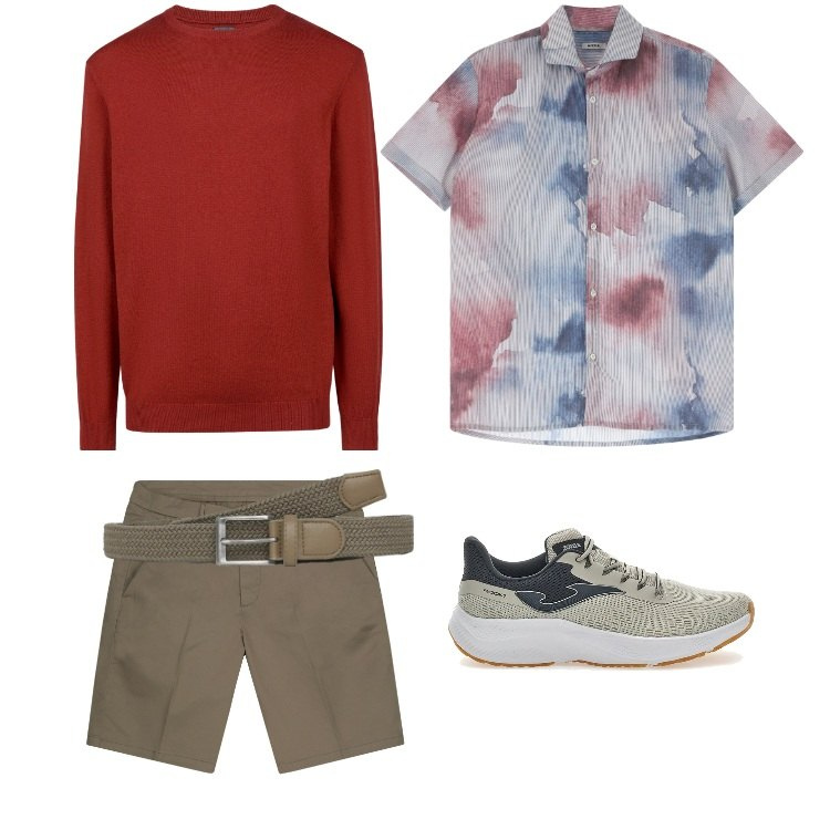 Outfit uomo - Total look #2227436. Stile Trendy per Mare. Abbinamento con cinture, camicie a manica corta, maglieria, sneakers, bermuda.