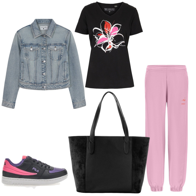 Outfit donna - Total look #2227438. Stile Sporty chic per Sport. Abbinamento con shopping bag, t-shirt, blazer, pantaloni, sneakers.
