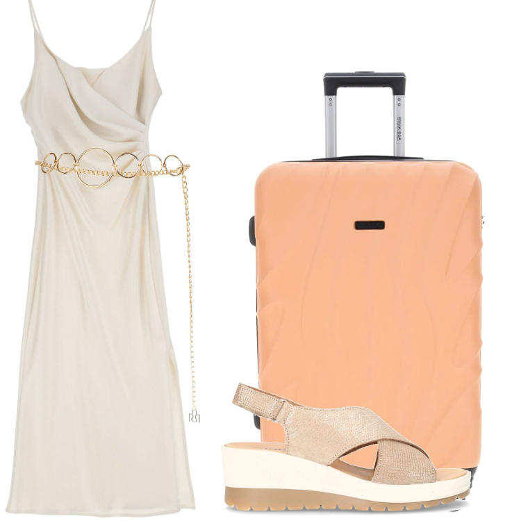 Outfit donna - Partenza in lungo. Stile Basic per Mare. Abbinamento con cinture, vestiti midi/longuette, sandali col tacco, valigie.