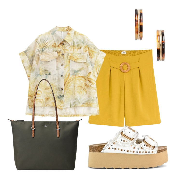 Outfit donna - Total look #2227443. Stile Casual chic per Tutti i giorni. Abbinamento con shorts, camicie a manica corta, borse tote, orecchini, sandali.