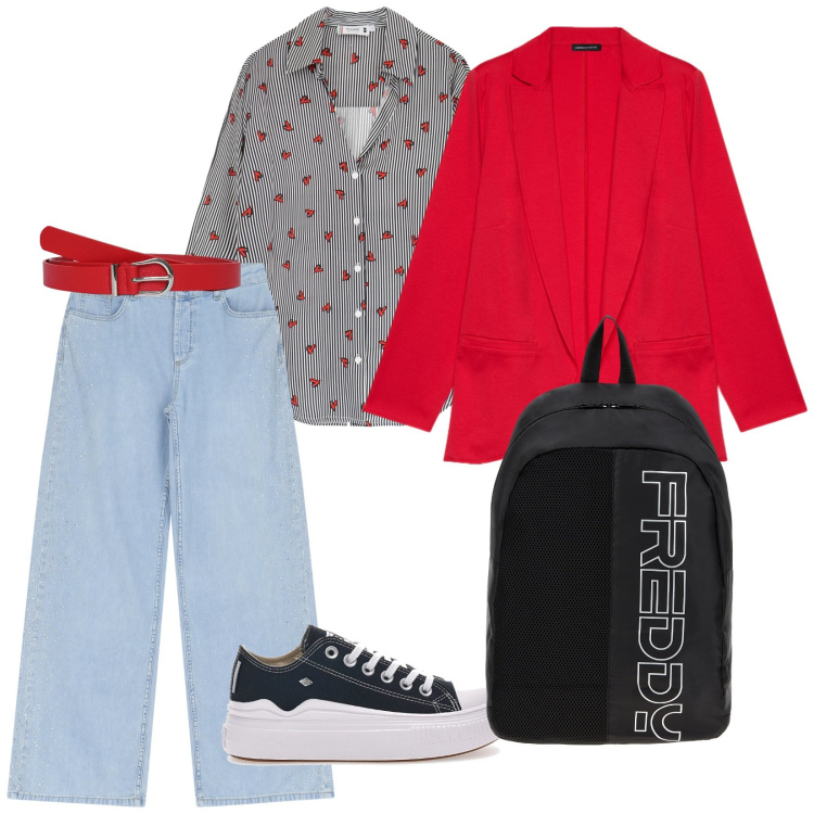 Outfit donna - Rosso anche in montagna. per Tutti i giorni. Abbinamento con cinture, camicie, jeans, zaini, blazer, sneakers.