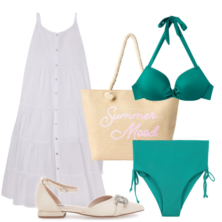 Outfit donna - Il richiamo del mare. Stile Minimal per Mare. Abbinamento con bikini, vestiti lunghi, bikini, borse tote, ballerine.