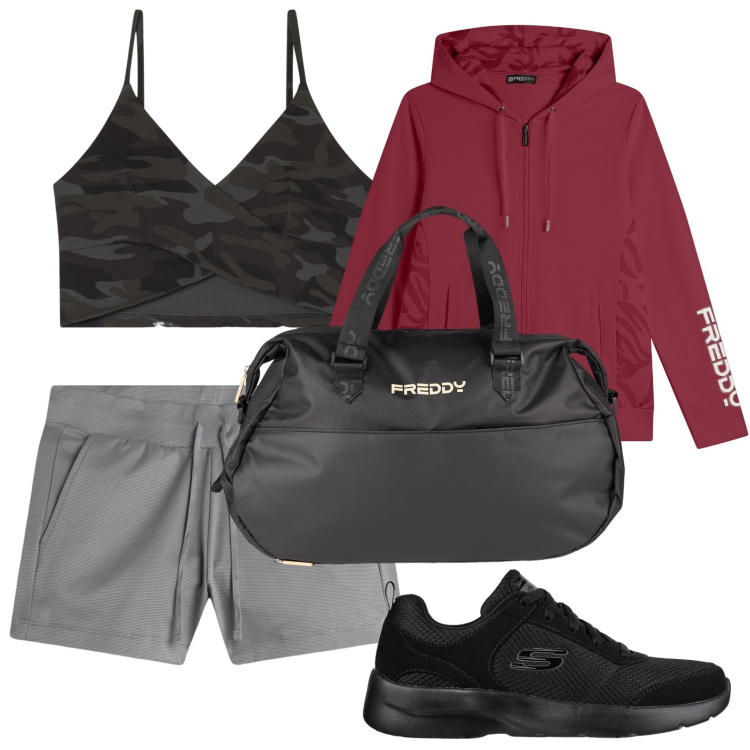Outfit donna - Fitness all\'aperto. Stile Sporty chic per Tutti i giorni. Abbinamento con felpe con cappuccio, borse sportive, shorts, top, sneakers.