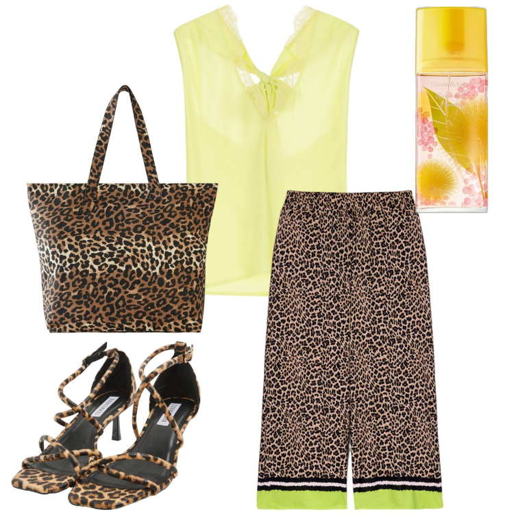 Outfit donna - Total look #2227465. Stile Casual chic per Ufficio. Abbinamento con shopping bag, profumi, sandali col tacco, top, pantaloni.