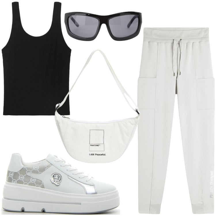Outfit donna - Corsa mattiniera. Stile Sporty chic per Tutti i giorni. Abbinamento con marsupi, occhiali da sole, pantaloni, sneakers, canottiere.