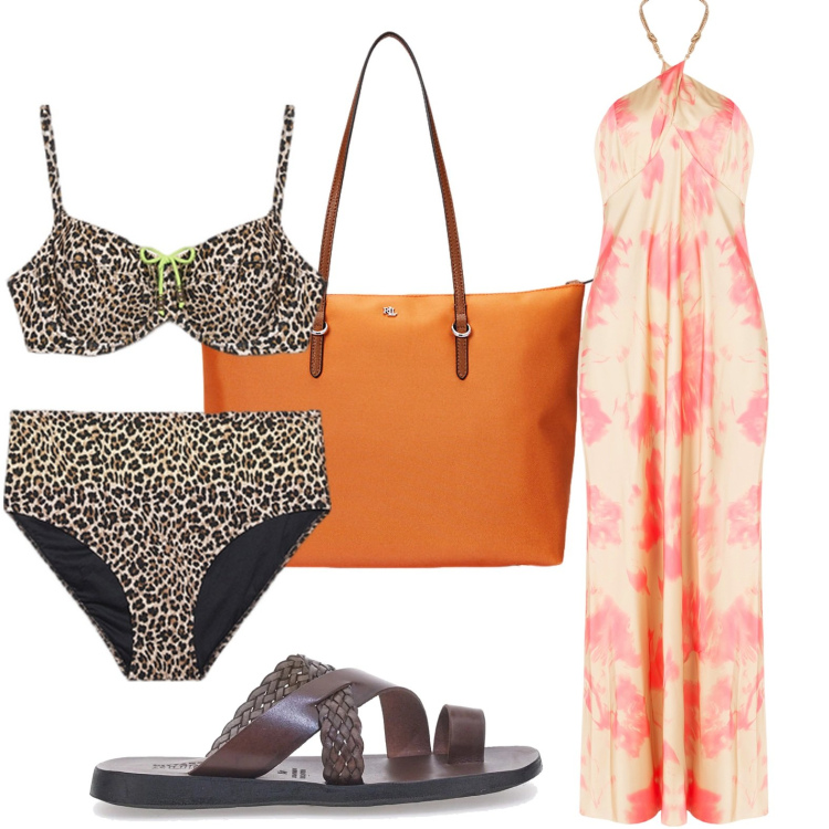Outfit donna - Bikini ruggente. Stile Casual chic per Mare. Abbinamento con vestiti lunghi, borse tote, bikini, ciabatte.