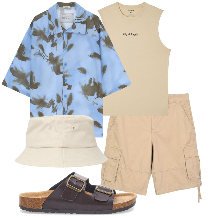 Outfit uomo - Total look #2227472. Stile Casual per Mare. Abbinamento con canottiere, cappelli, bermuda, camicie a manica corta, sandali.