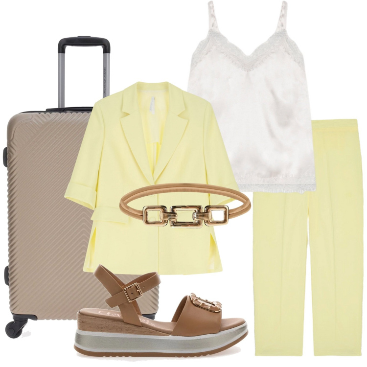 Outfit donna - I sandali dell\'estate. Stile Minimal per Mare. Abbinamento con cinture, blazer, canottiere, pantaloni, sandali, valigie.