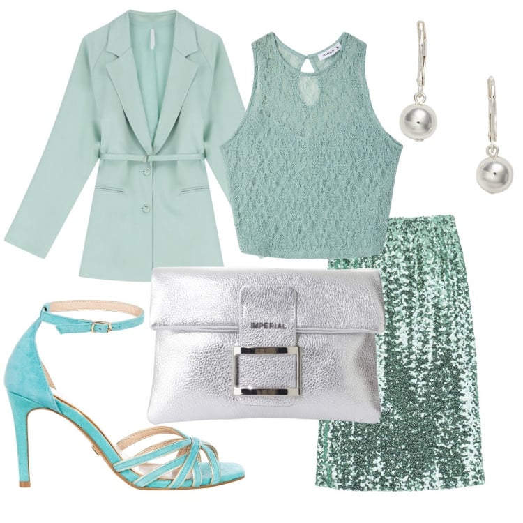 Outfit donna - Matrimonio a fine agosto. Stile Chic per Cerimonia. Abbinamento con top, sandali col tacco, gonne longuette, blazer, pochette, orecchini.