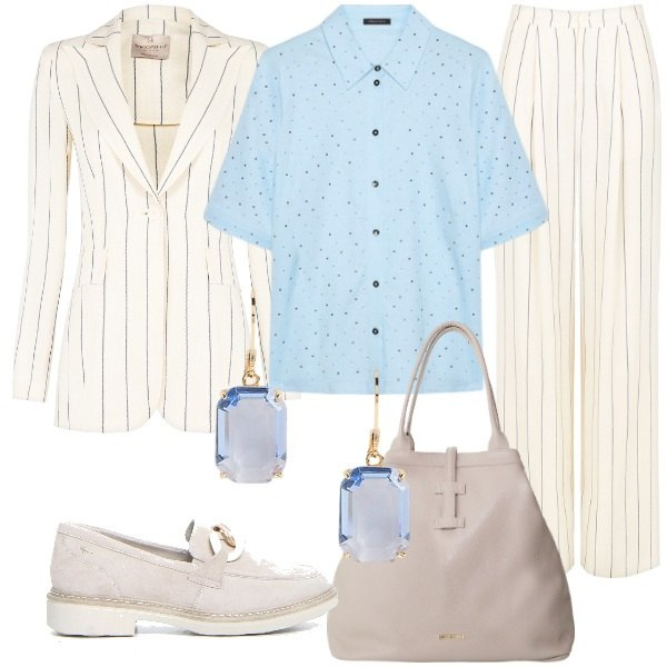Outfit donna - Tailoring estate 2025. Stile Mannish per Tutti i giorni. Abbinamento con pantaloni, blazer, borse tote, orecchini, camicie a manica corta, mocassini.