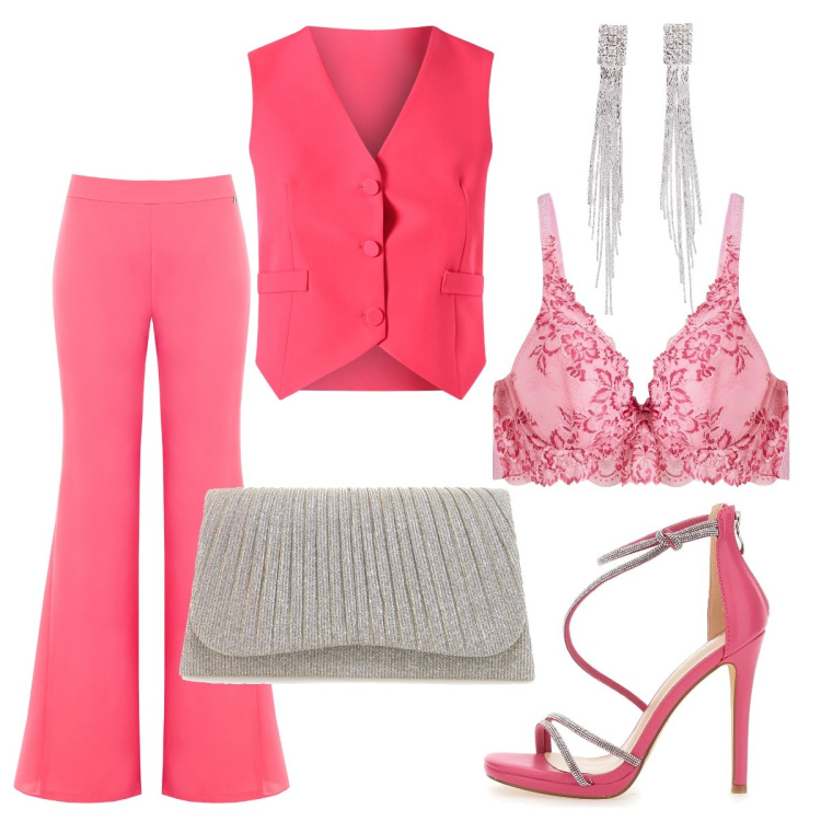 Outfit donna - Il gilet protagonista. Stile Chic per Serata fuori. Abbinamento con orecchini, reggiseni push-up, pantaloni, gilet, clutch, sandali col tacco.