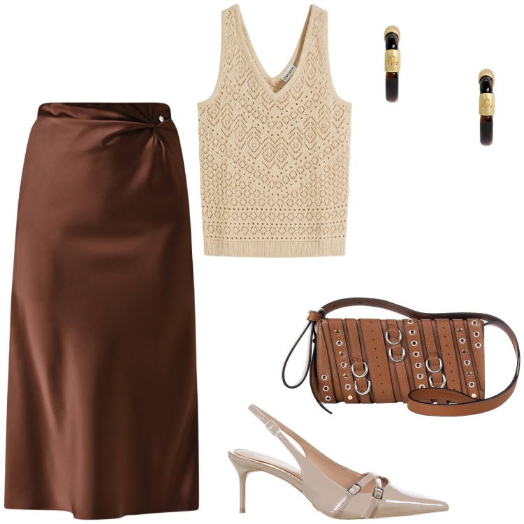 Outfit donna - Eleganza del colori della terra. Stile Bon Ton per Tutti i giorni. Abbinamento con top, gonne longuette, borse a spalla, décolleté, orecchini.