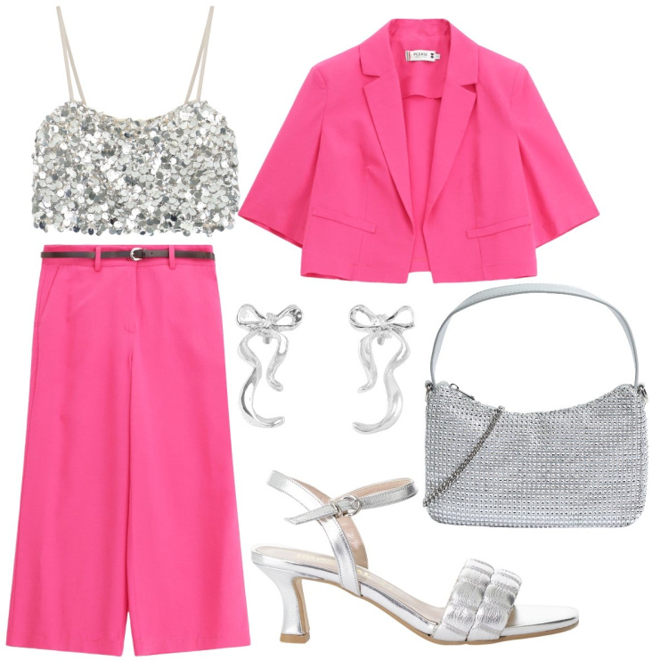 Outfit donna - Cerimonia col completo fucsia. Stile Chic per Cerimonia. Abbinamento con orecchini, borse a tracolla, pantaloni, blazer, sandali col tacco, top.