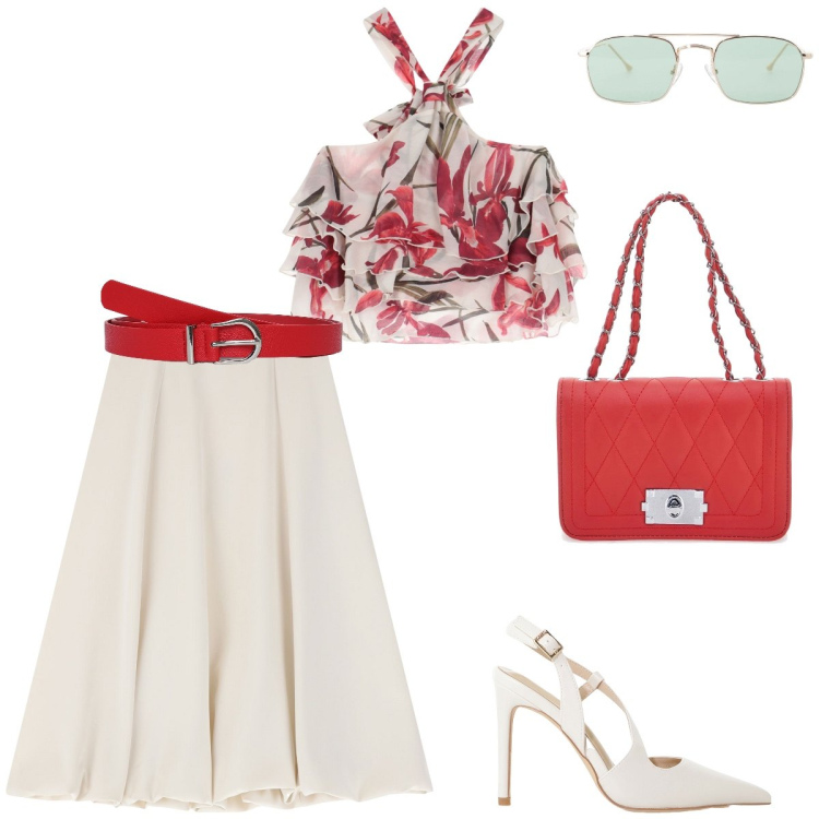 Outfit donna - Red & white. Stile Casual chic per Cerimonia. Abbinamento con cinture, gonne longuette, canottiere, décolleté, occhiali da sole, borse a tracolla.