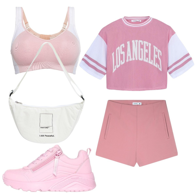 Outfit donna - Sportivamente. Stile Basic per Sport. Abbinamento con reggiseni, marsupi, t-shirt, shorts, sneakers.