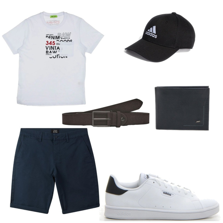 Outfit uomo - Dalla testa ai piedi. Stile Casual Abbinamento con bermuda, cinture, t-shirt, cappelli con visiera, portafogli, sneakers.