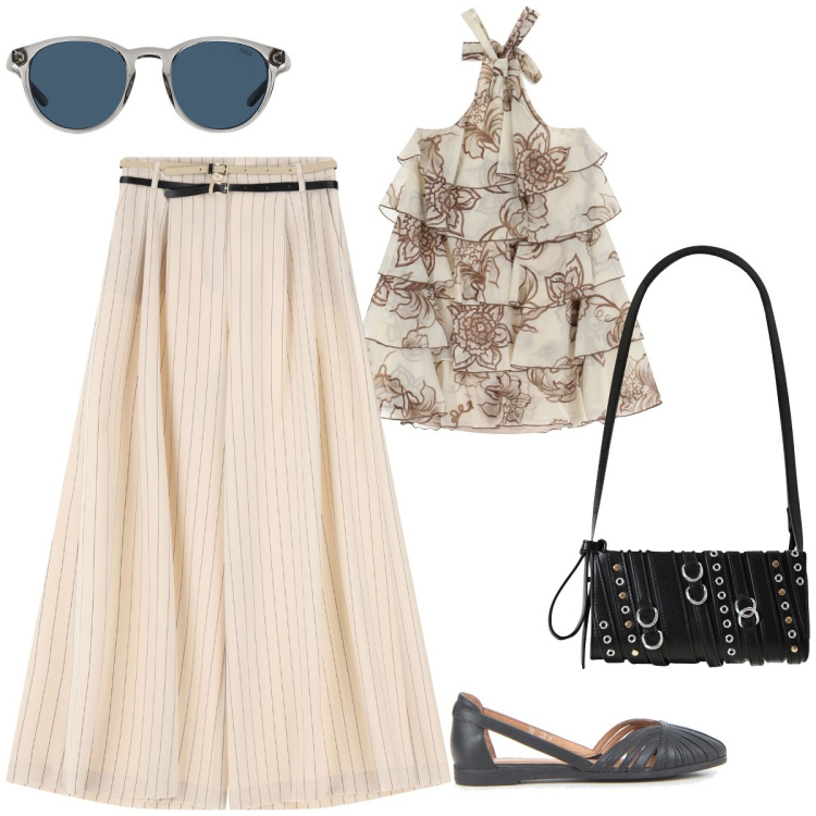 Outfit donna - Total look #2227484. Stile Casual per Tutti i giorni. Abbinamento con borse a spalla, pantaloni a palazzo, vestiti corti, occhiali da sole, ballerine.
