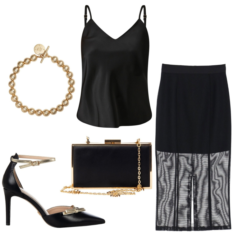 Outfit donna - Total black. Stile Chic per Serata fuori. Abbinamento con top, décolleté, pochette, gonne, braccialetti.
