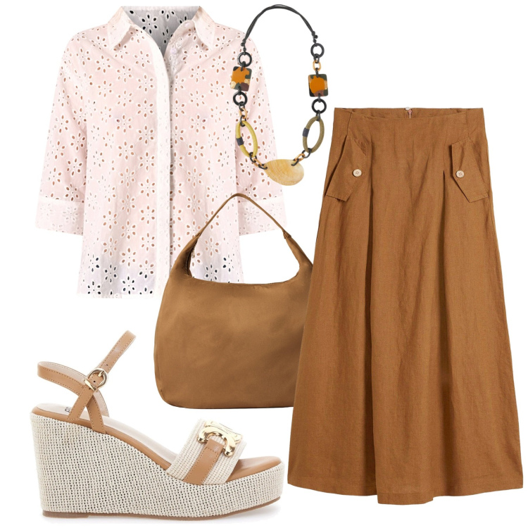 Outfit donna - Total look #2227486. Stile Romantica per Tutti i giorni. Abbinamento con gonne, borse a mano, camicie, zeppe, collane.