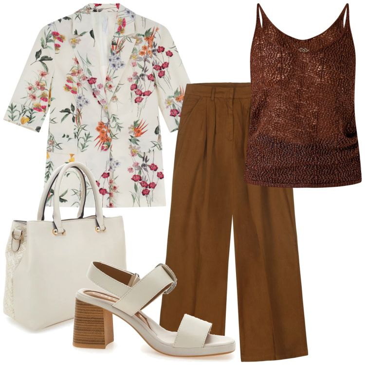 Outfit donna - Total look #2227497. Stile Chic per Ufficio. Abbinamento con top, blazer, sandali col tacco, pantaloni, borse a tracolla.