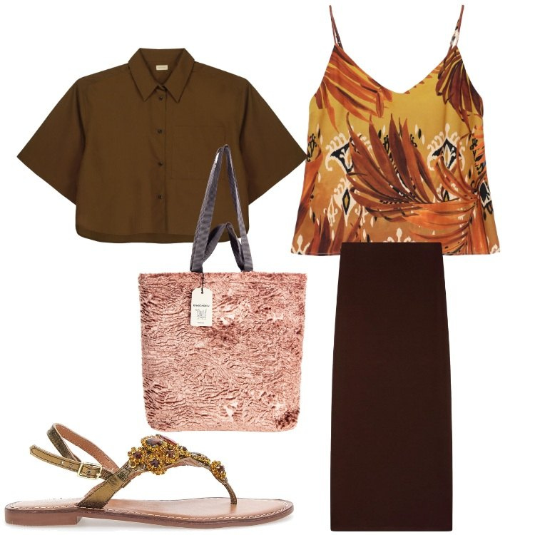 Outfit donna - Fuego. Stile Etnico per Tutti i giorni. Abbinamento con gonne lunghe, borse tote, canottiere, sandali gioiello, camicie a manica corta.