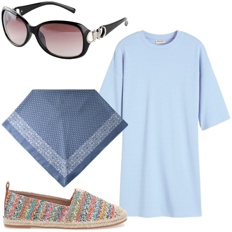 Outfit donna - Relax in giardino. Stile Casual per Tutti i giorni. Abbinamento con vestiti, occhiali da sole, espadrillas, foulard.