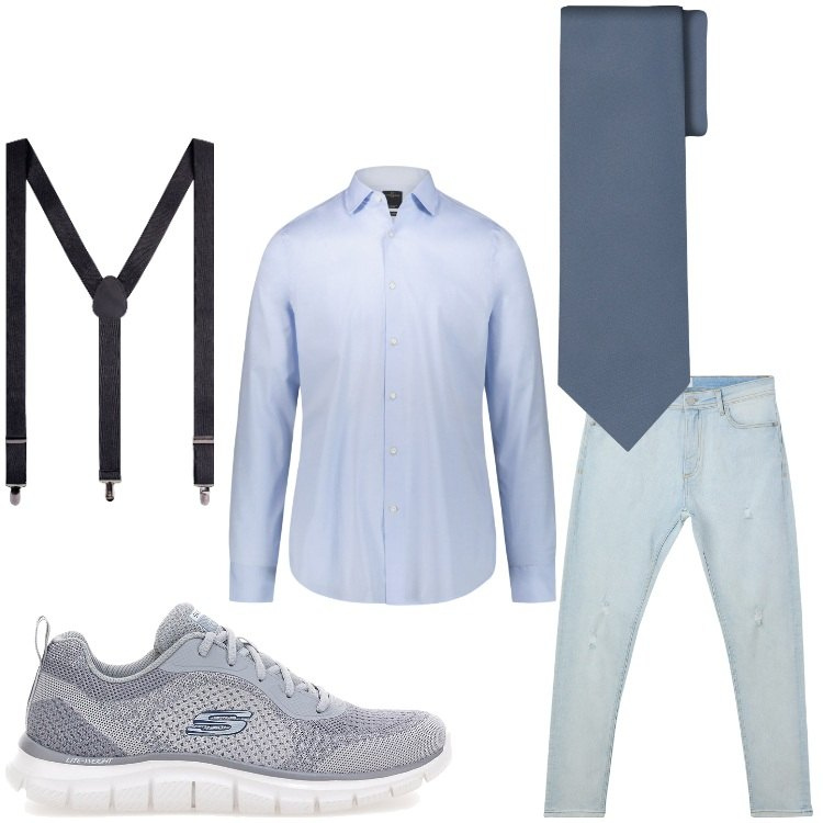 Outfit uomo - Un tipo hipster. Stile Trendy per Serata speciale. Abbinamento con jeans strappati, camicie, bretelle, cravatte, sneakers.