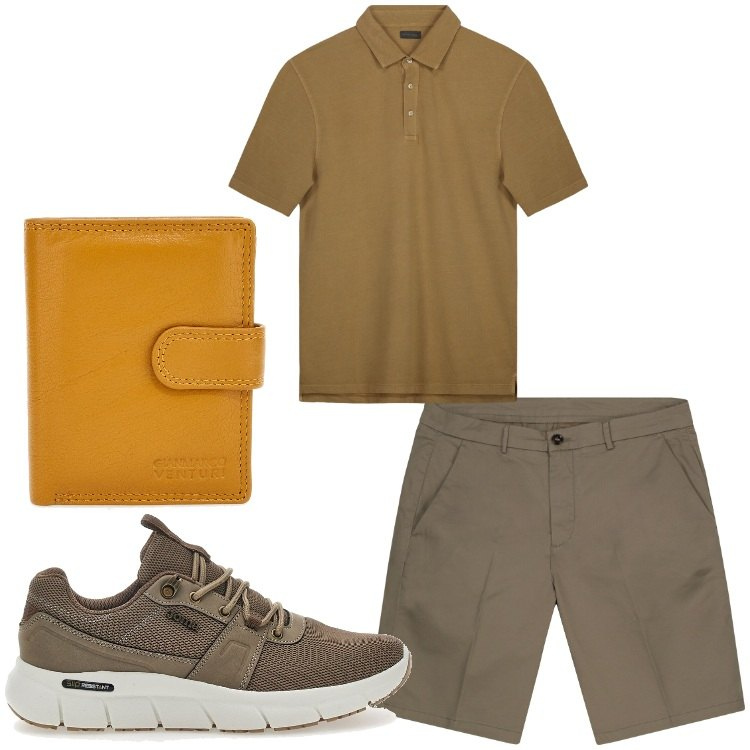 Outfit uomo - Un giorno in gita. Stile Casual per Tutti i giorni. Abbinamento con portafogli, sneakers, bermuda, polo.