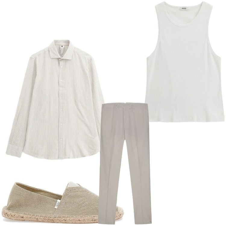 Outfit uomo - Fresco. Stile Casual per Tutti i giorni. Abbinamento con canottiere, camicie, espadrillas, pantaloni.