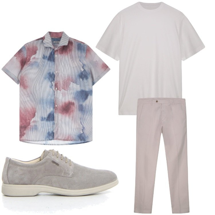 Outfit uomo - Uscita informale. Stile Casual per Serata speciale. Abbinamento con camicie a manica corta, pantaloni chino, t-shirt, scarpe stringate.