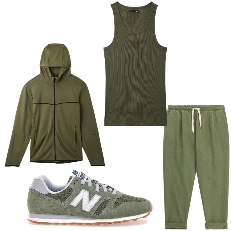 Outfit uomo - Passeggiata mattutina. Stile Casual per Tutti i giorni. Abbinamento con felpe con cappuccio, canottiere, pantaloni, sneakers.