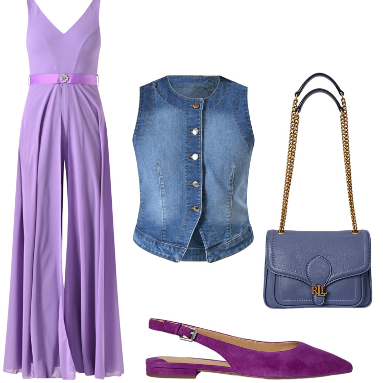 Outfit donna - I feel good in purple. Stile Bon Ton per Serata fuori. Abbinamento con gilet, tute, borse a spalla, ballerine.