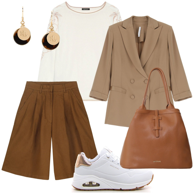 Outfit donna - Vado in montagna. per Tutti i giorni. Abbinamento con blazer, borse tote, orecchini, bermuda, maglieria, sneakers.