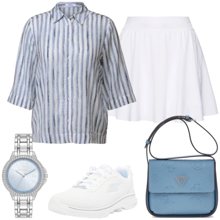 Outfit femme - Amina. Style Bon Ton pour Tous les jours. Assortir avec montres analogiques, minijupes, sacs en bandoulière, chemises à manches courtes, sneakers.