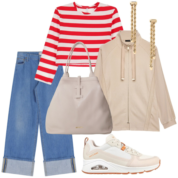 Outfit donna - Forse puove. per Tutti i giorni. Abbinamento con jeans, borse tote, t-shirt, orecchini, sneakers, felpe.