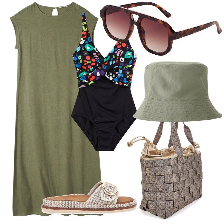 Outfit donna - Oggi piscina. per Mare. Abbinamento con costumi interi, occhiali da sole, cappelli, vestiti lunghi, ciabatte, borse a spalla.