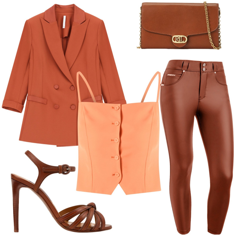 Outfit donna - Nuance caramello e arancio. Stile Glamour per Serata fuori. Abbinamento con canottiere, blazer, pantaloni skinny, borse a tracolla, sandali col tacco.