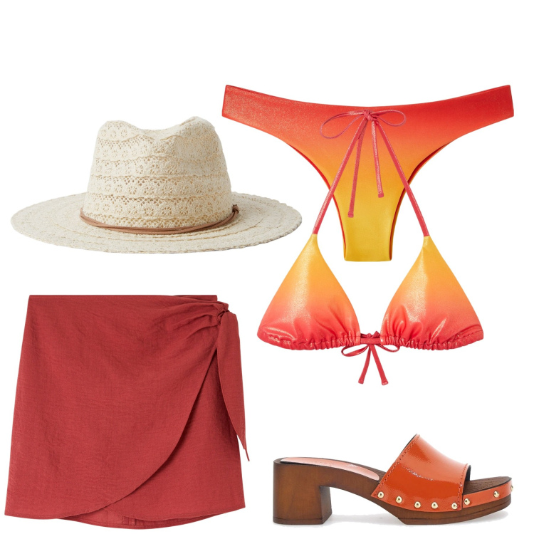 Outfit donna - Come i tramonti in Grecia. Stile Glamour per Mare. Abbinamento con vestiti da spiaggia, bikini, cappelli, bikini, zoccoli.