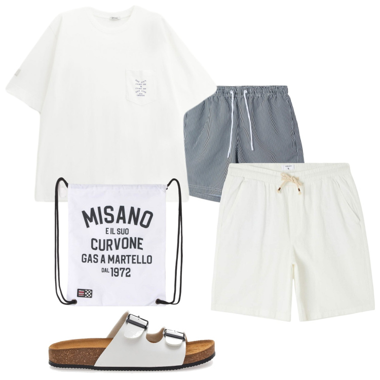 Outfit uomo - Al mare. Stile Casual per Mare. Abbinamento con borse sportive, shorts, costumi, t-shirt, sandali.