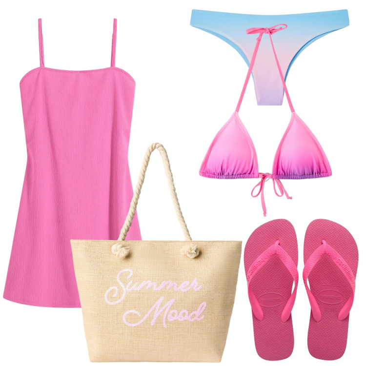 Outfit donna - Ibiza. Stile Basic per Mare. Abbinamento con vestiti, bikini, bikini, borse tote, ciabatte.