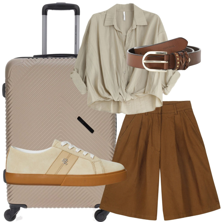 Outfit donna - Camicia color sabbia. Stile Casual per Tutti i giorni. Abbinamento con cinture, camicie, sneakers, bermuda, valigie.