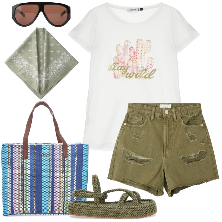Outfit donna - T-shirt bianca con stampa!. Stile Casual per Tutti i giorni. Abbinamento con shorts, t-shirt, occhiali da sole, sandali, shopping bag, foulard.