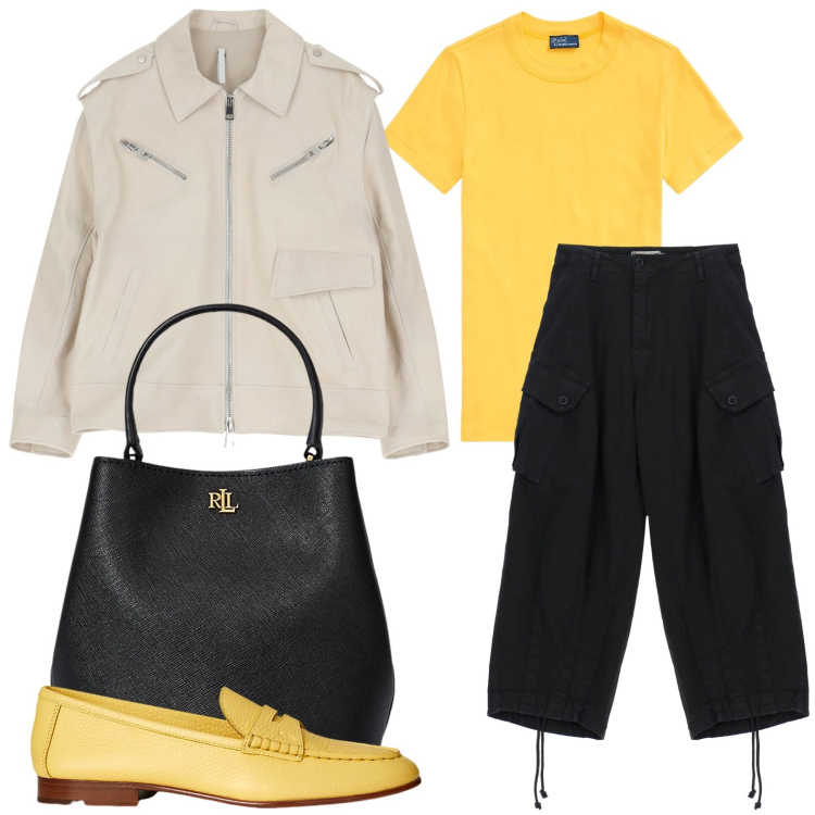 Outfit donna - Essenza urbana. Stile Minimal per Serata fuori. Abbinamento con pantaloni, giacche, borse a secchiello, t-shirt, mocassini.