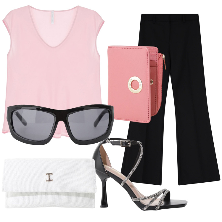 Outfit donna - Look Imperial e. Stile Urban per Serata fuori. Abbinamento con portafogli, occhiali da sole, pantaloni, borse a tracolla, sandali col tacco, top.