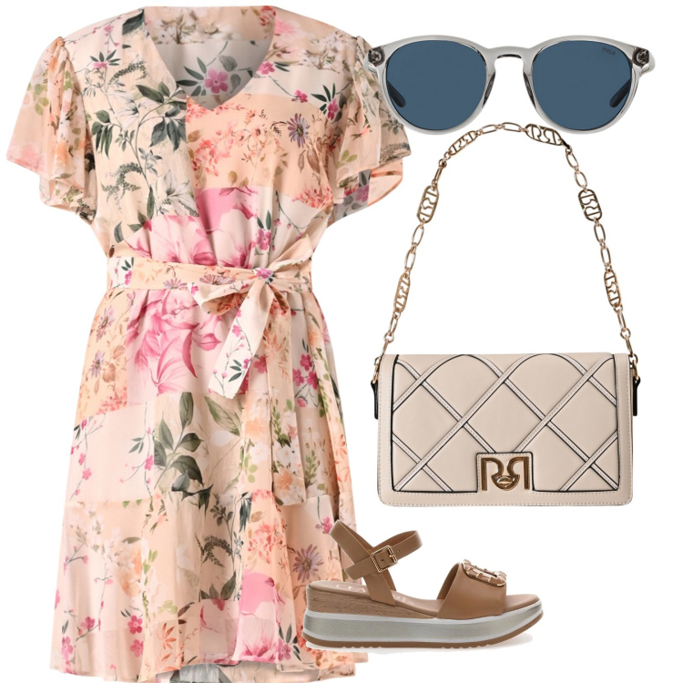 Outfit donna - In centro. per Tutti i giorni. Abbinamento con borse a tracolla, vestiti corti, occhiali da sole, sandali.
